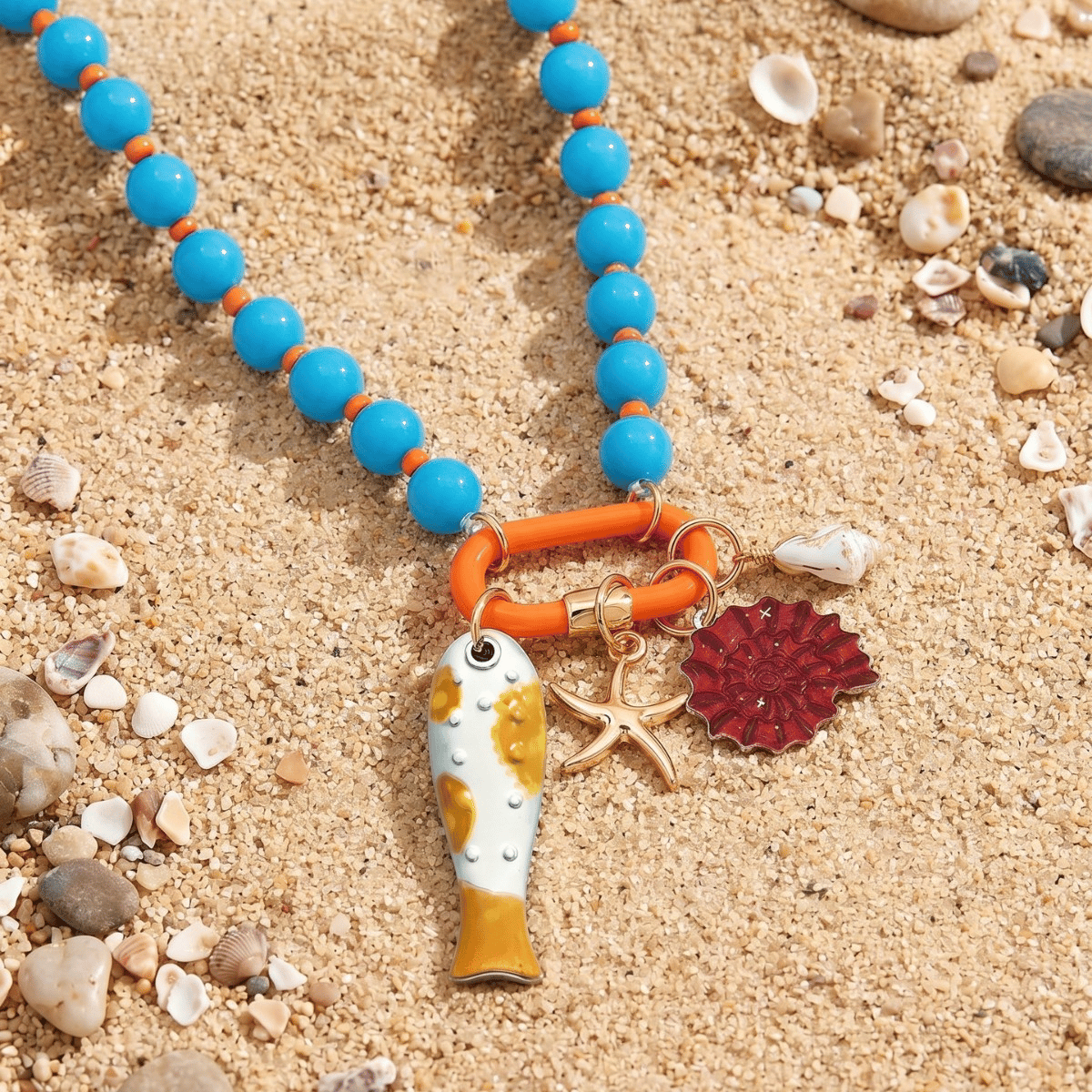 🌈✨3pc Summer Layered Beaded Dopamine Necklace Set 🦀Colorful Fish and Starfish Charms🐠