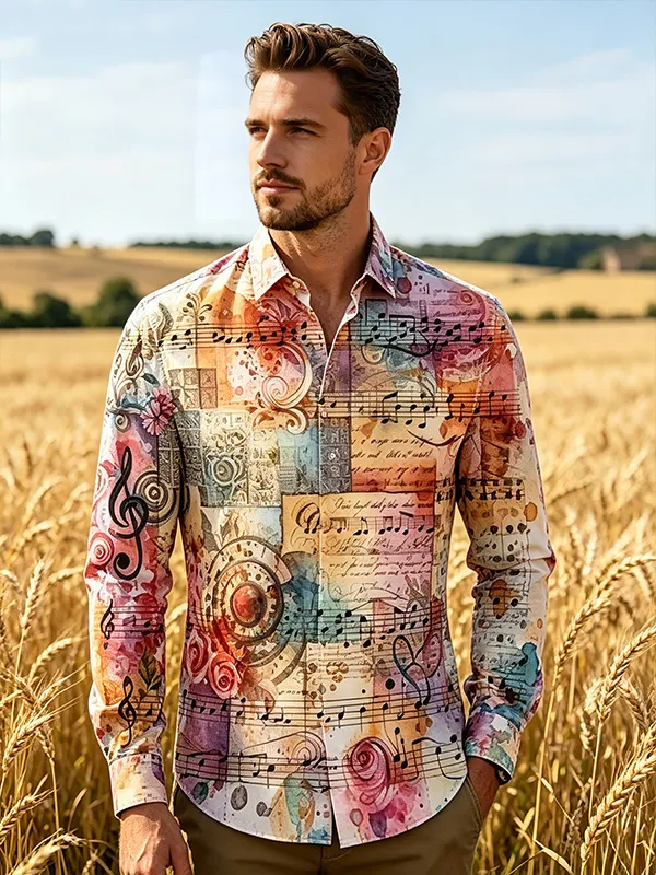 Men's Watercolor Art Floral Sheet Music Print Long Sleeve Shirt