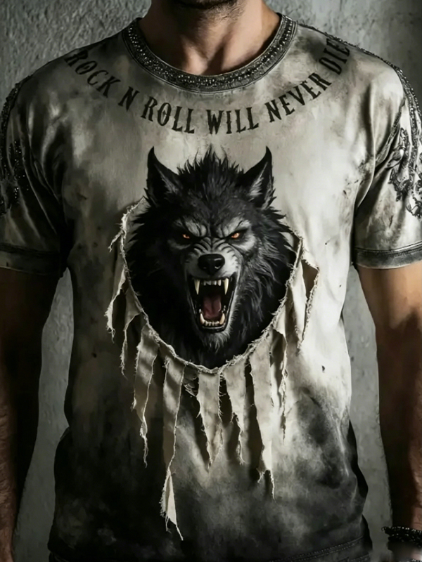 Men's Vintage Distressed Wolf Ripped Roll Will Never Die Print T-Shirt