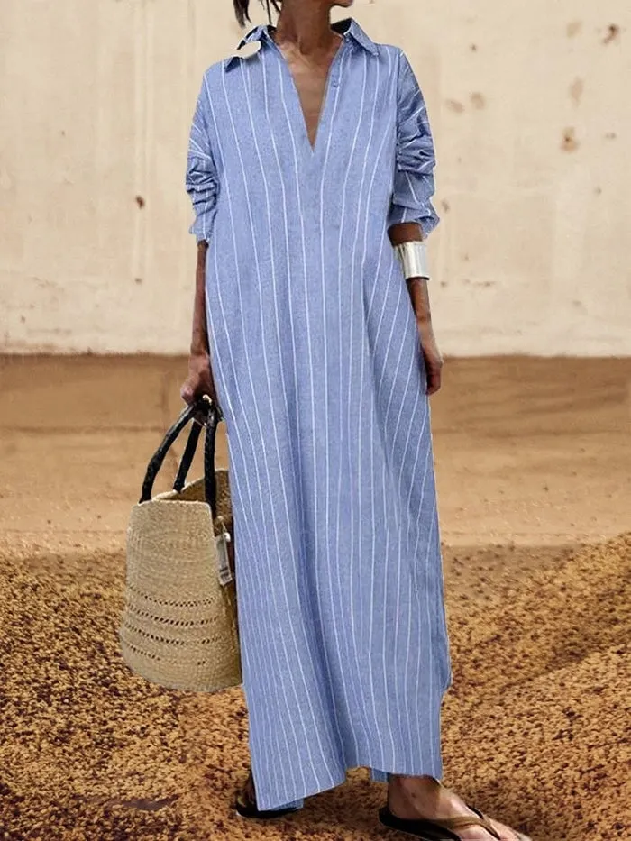 Women's Lapel Striped Loose Waist Long Skirt Cardigan Dress