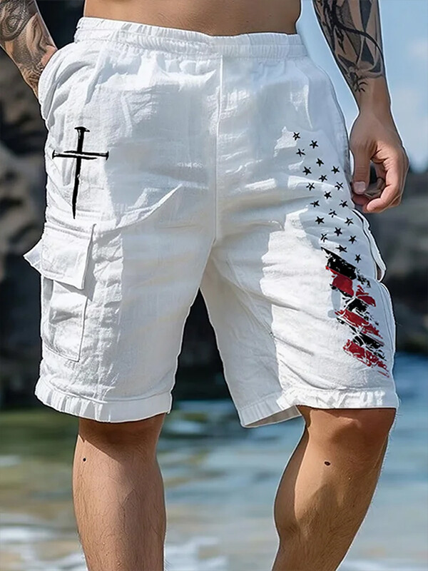 Men's 250 Years Anniversary USA Flag Nail Cross Print Denim-Like Cargo Shorts