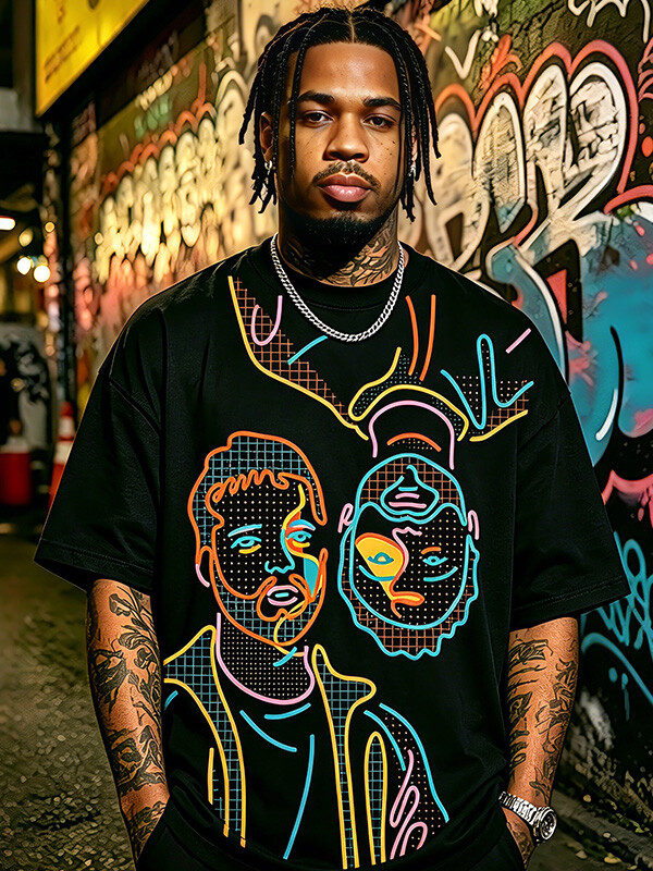 Men's Neon Line Art Double Face Print Drop Shoulder Casual T-Shirt