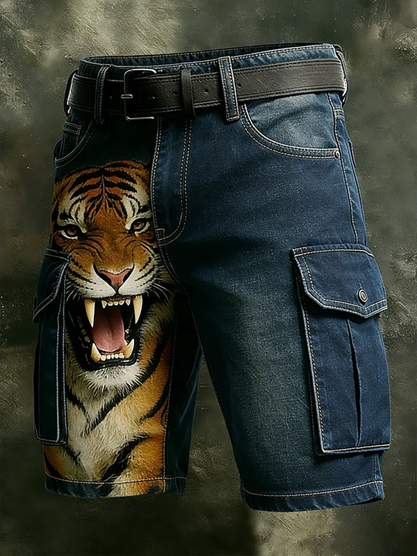 Men's 3D Tiger Art Print Denim-Like Casual Shorts