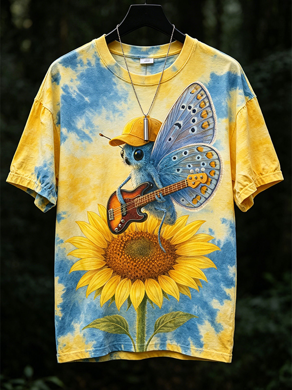 Men's Moth Playing Guitar Sunflower Art Print Casual T-Shirt