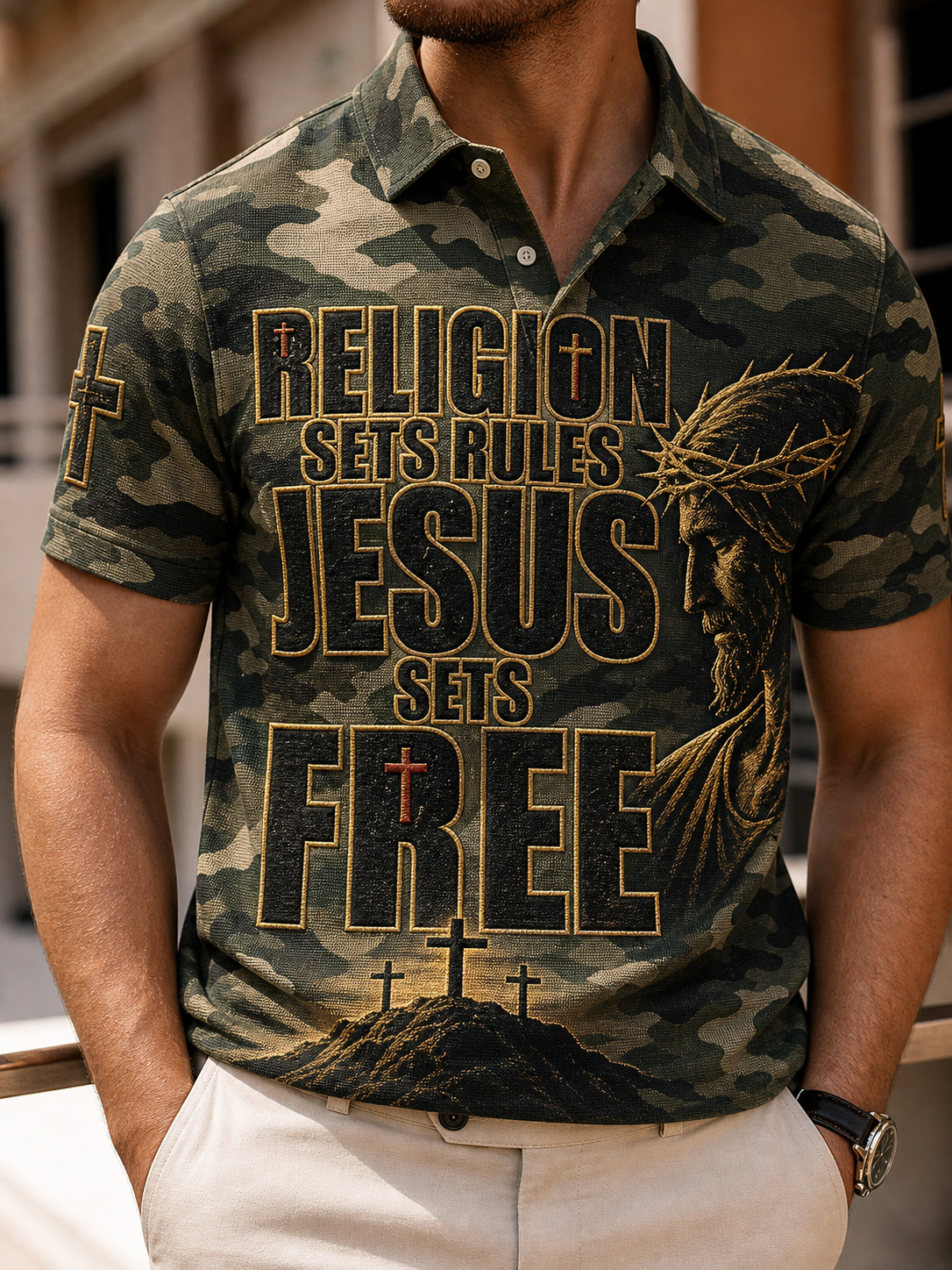 Men's Woodland Camo Religion Sets Rules Jesus Sets Free Crown Print Short Sleeve Polo Shirt