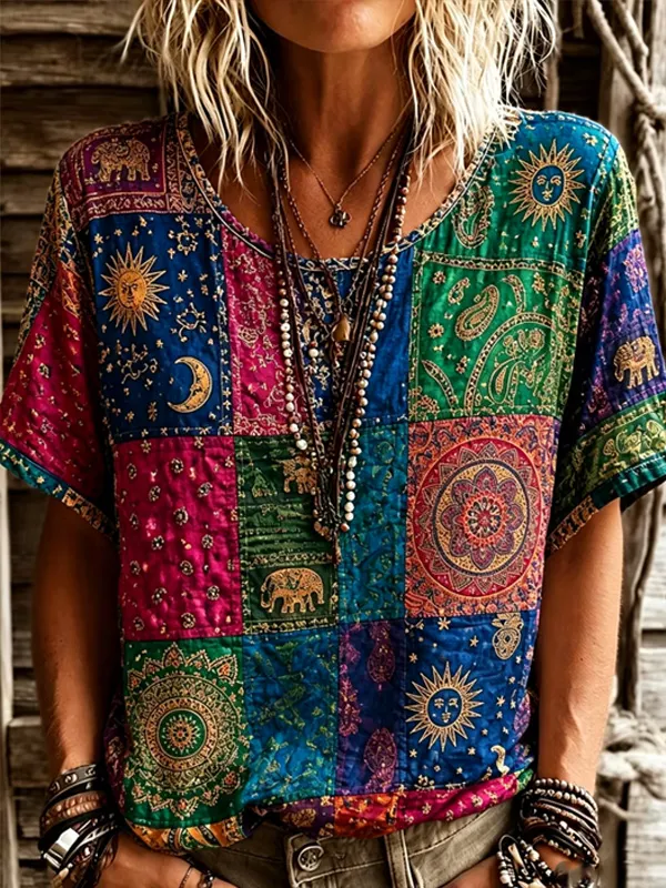 Women's Boho Sun Moon Elephant Mandala Patchwork Art Print Casual T-Shirt