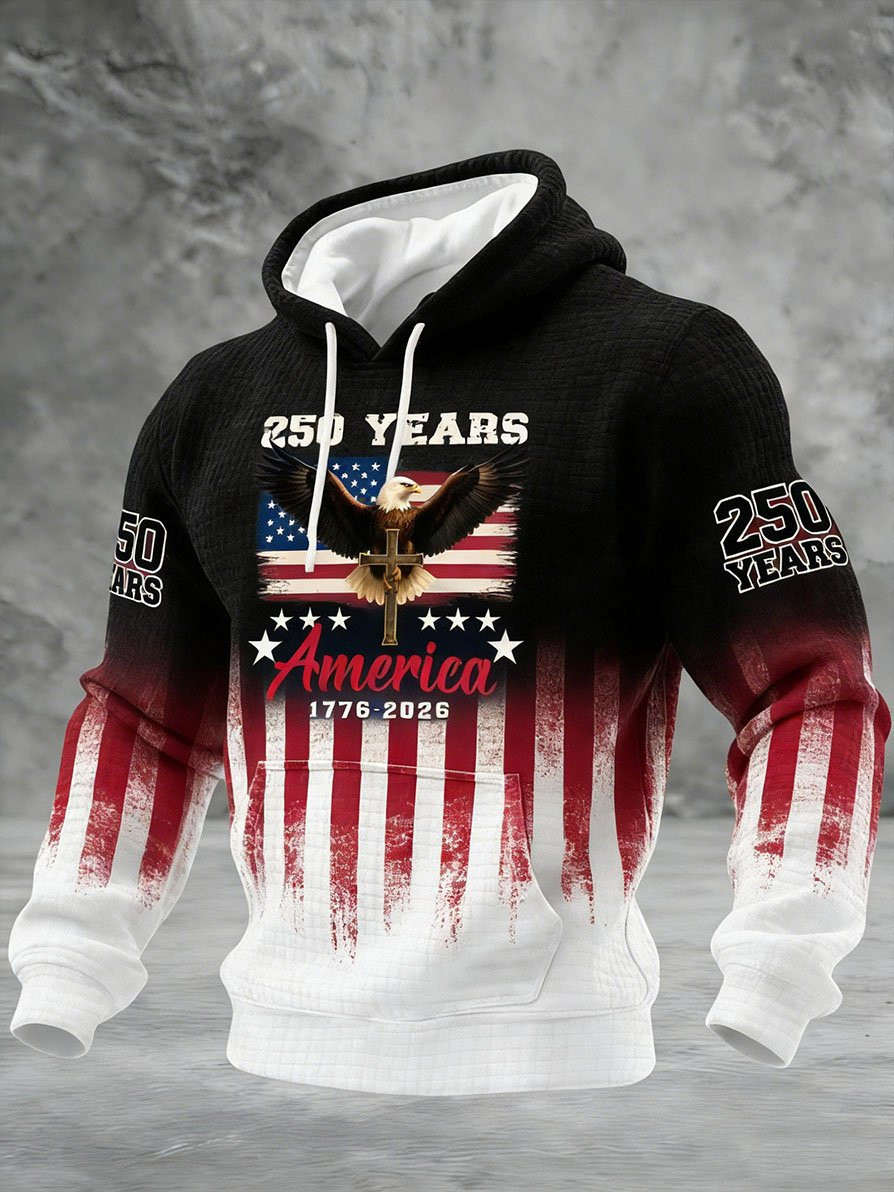 Men's 250 Years America Eagle Cross Art Print Pocket Hoodie