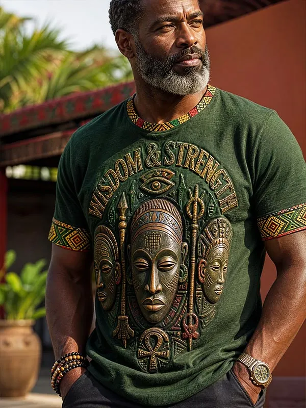 Men's Vintage African Tribal Ethnic Mask Wisdom and Strength Print Casual T-Shirt