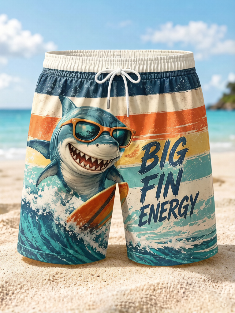 Men's Colorblock Funny Shark Surfing Print Casual Shorts