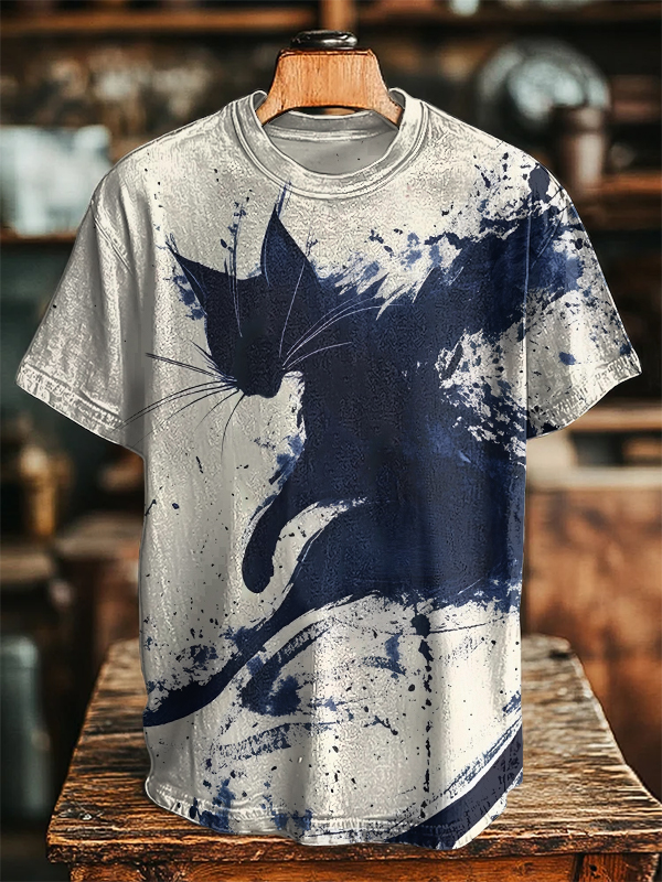 Men's Japanese Style Ink Wash Cat Art Print Casual T-Shirt