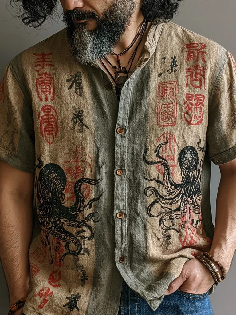 Men's Seal Script Octopus Art Print Casual Shirt