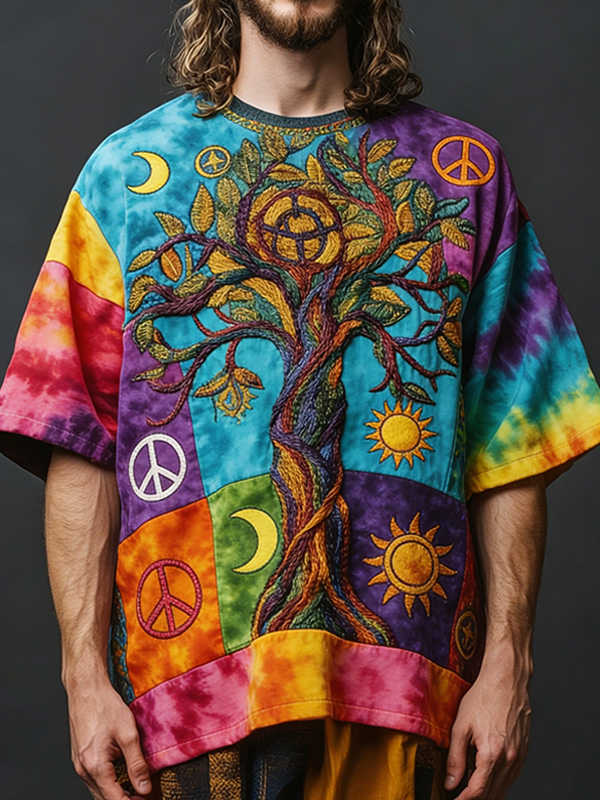Men's Tie Dye Patchwork Tree Of Life Peace Sign Art Print Drop Shoulder Casual T-Shirt