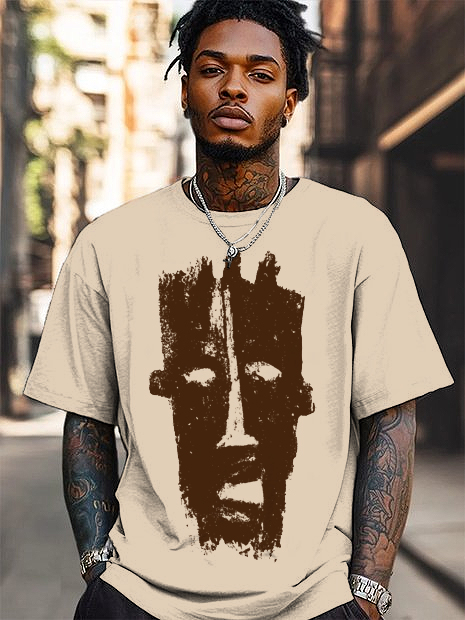 Men's Black Abstract African Mask Graphic Print Cotton Casual T-Shirt