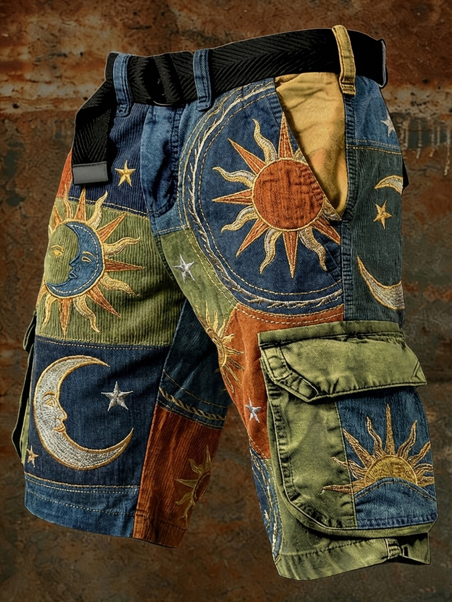 Men's Hippie Art Mysterious Sun Moon Print Denim-Like Cargo Shorts