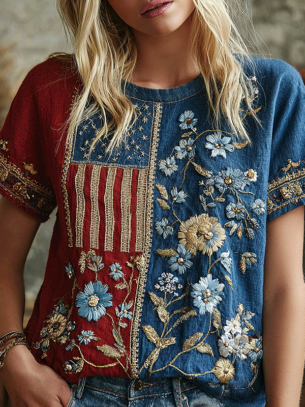Women's American Flag Flowers Colorblock Print Casual T-Shirt