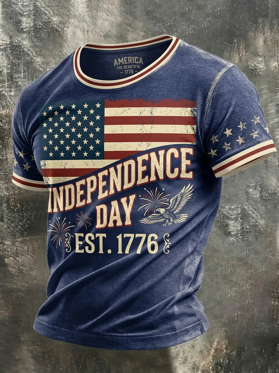 Men's Independence Day Est. 1776 American Flag Print Casual T-Shirt
