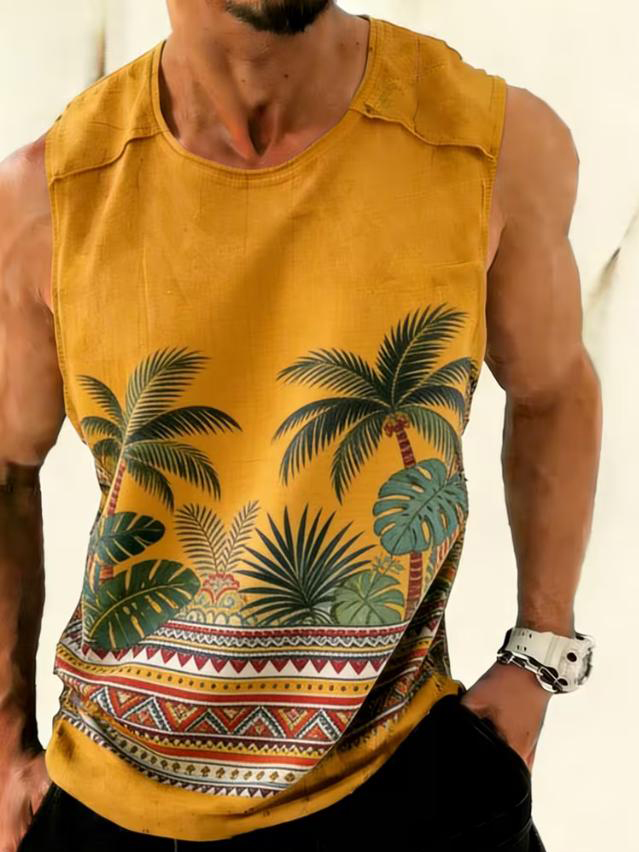 Men's Ethnic Pattern Tropical Plants Print Vacation Tank Top