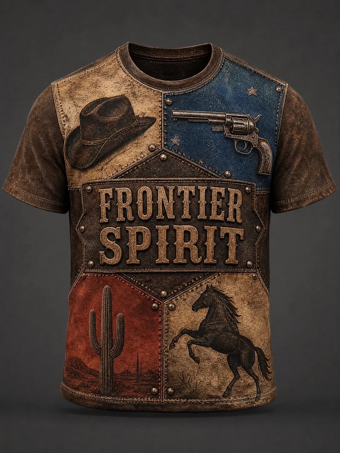 Men's Cowboy Hat Revolver and Cactus Frontier Spirit Print Casual T-Shirt
