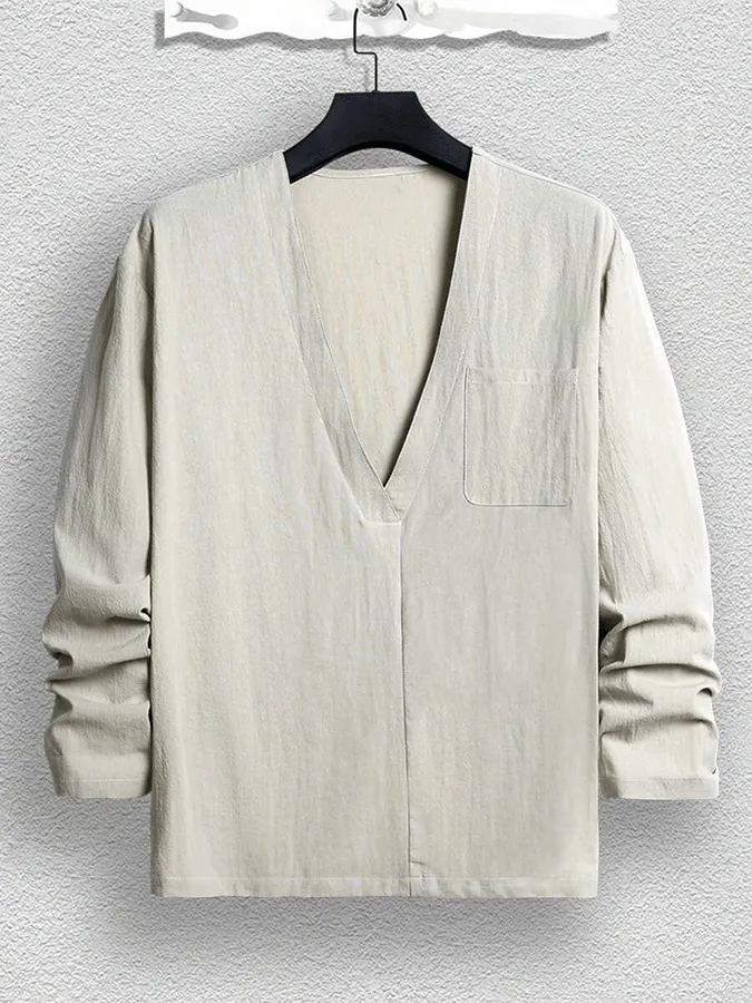 Women's V-Neck Long Sleeve Loose With Pockets Casual Shirt