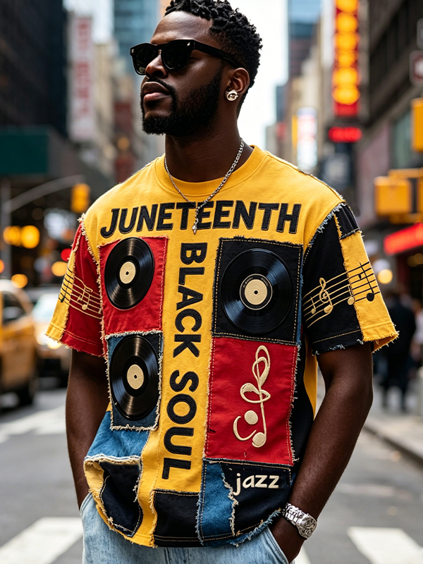 Men's Juneteenth Black Soul Vinyl Record Music Collage Art Print T-Shirt