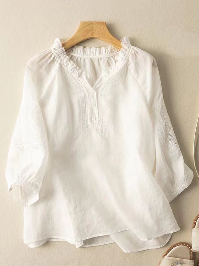 Women'S V-Neck Literary Retro Loose Embroidered Lace Hollow Shirt
