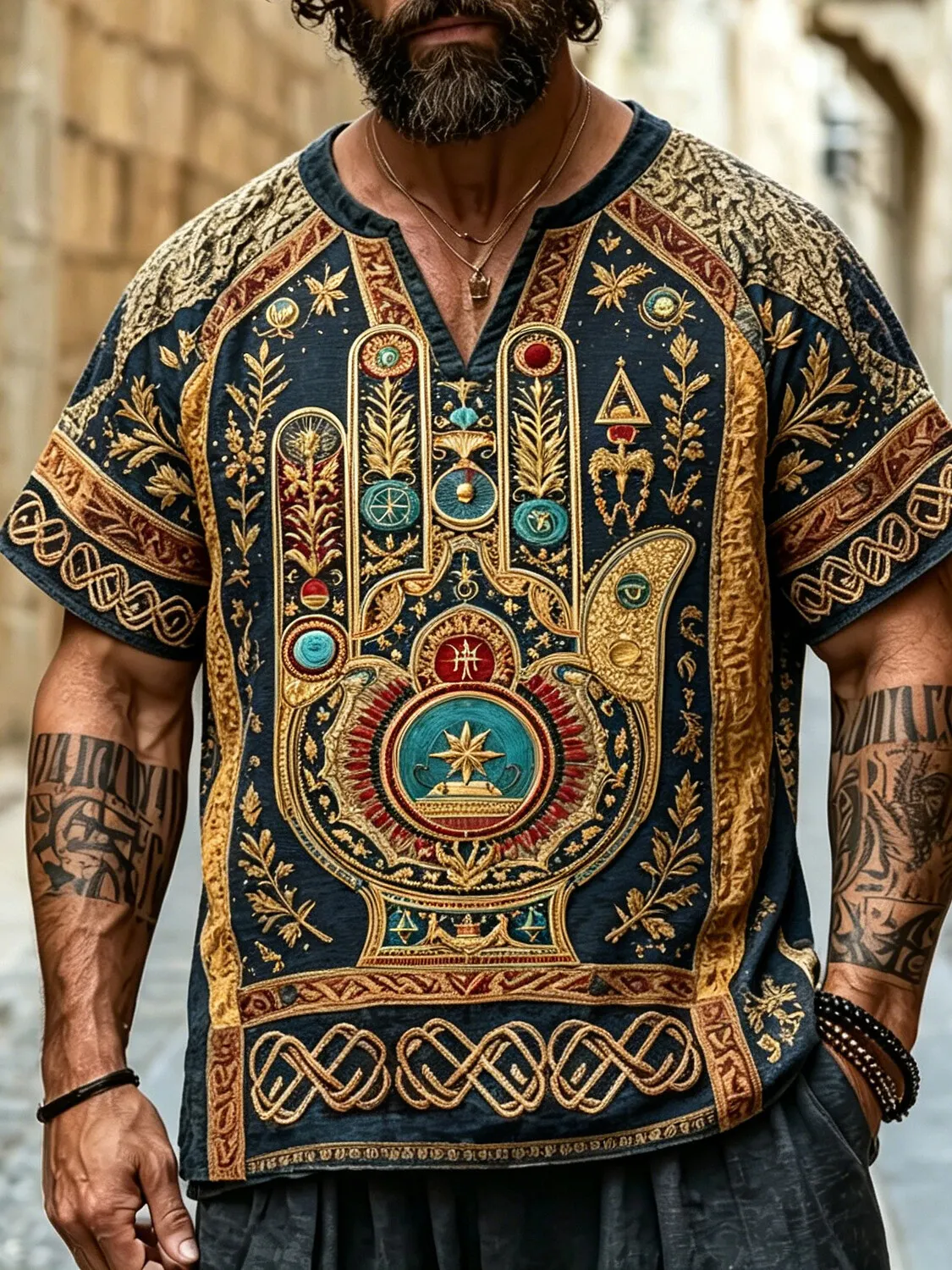 Men's Hamsa Hand Evil Eye Ethnic Celtic Knot Art Print V Neck T-Shirt