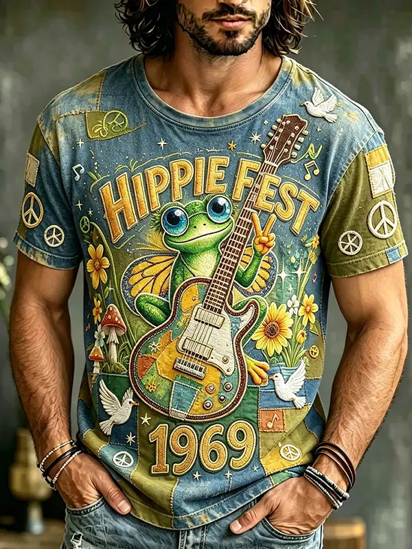 Men's 1969 Hippie Fest Funny Frog Playing The Guitar Print T-Shirt