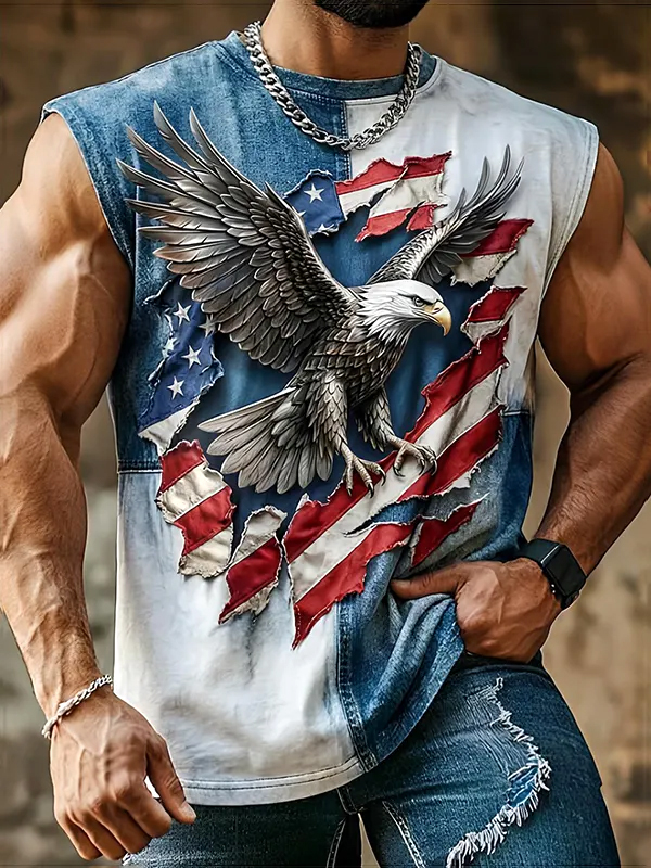Men's Eagle And American Flag Print Tank Top