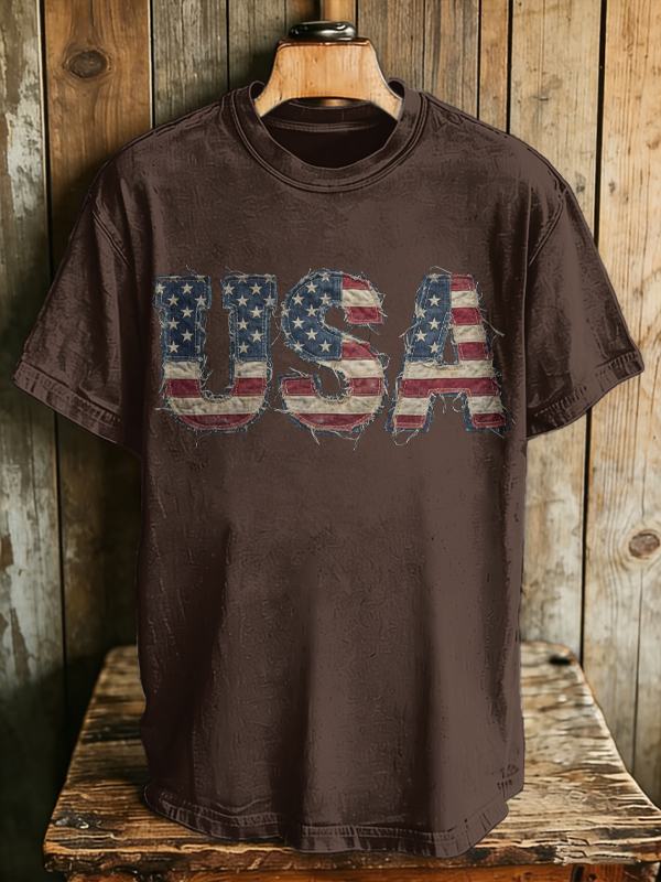 Men's USA Flag Vintage Frayed Letter Print Cotton Casual T-Shirt