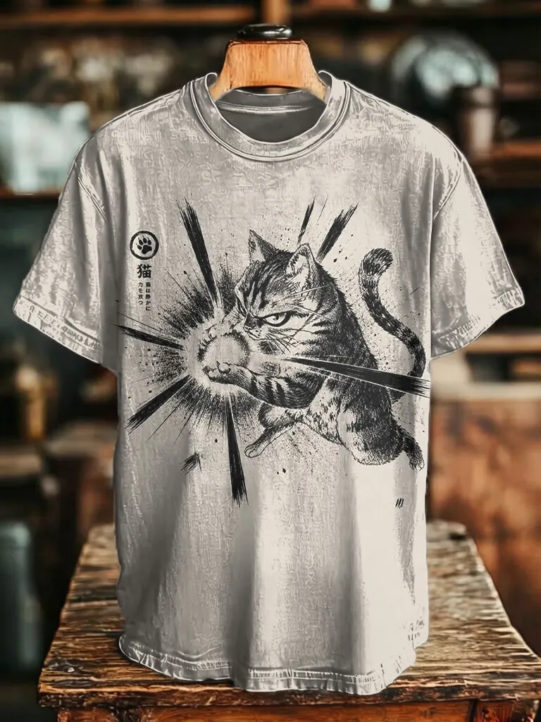 Men's Japanese Ink Sketch Angry Tabby Cat Energy Blast Manga Style Print Casual T-Shirt