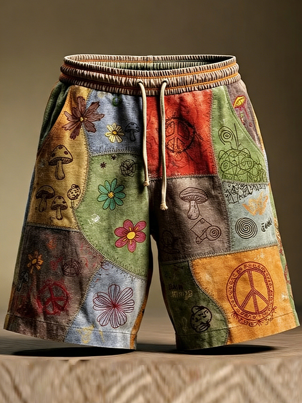 Men's Peace Mushroom Retro Hippie Color Block Art Print Casual Shorts