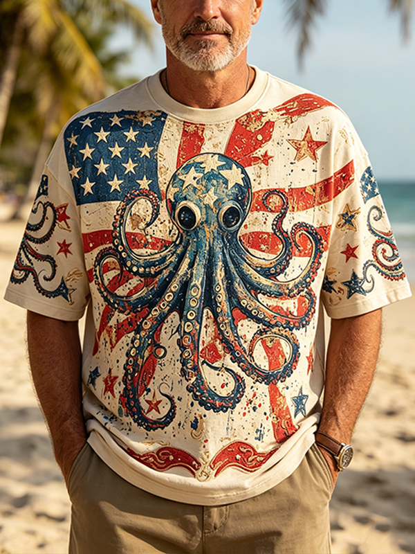 Men's Octopus Stars and Stripes Print Casual T-Shirt