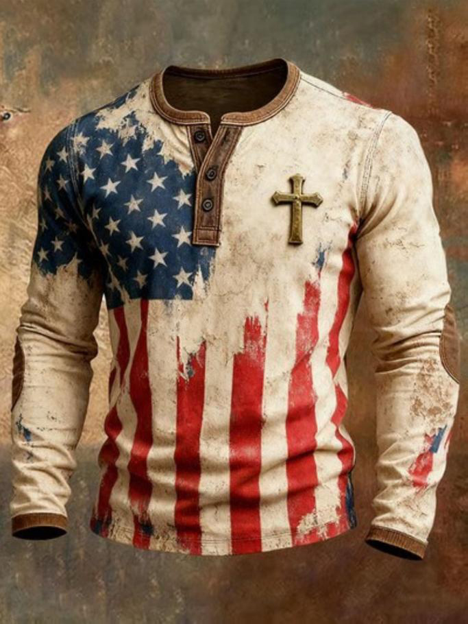Men's Retro Stars And Stripes Flag Print Henley Long Sleeve T-Shirt