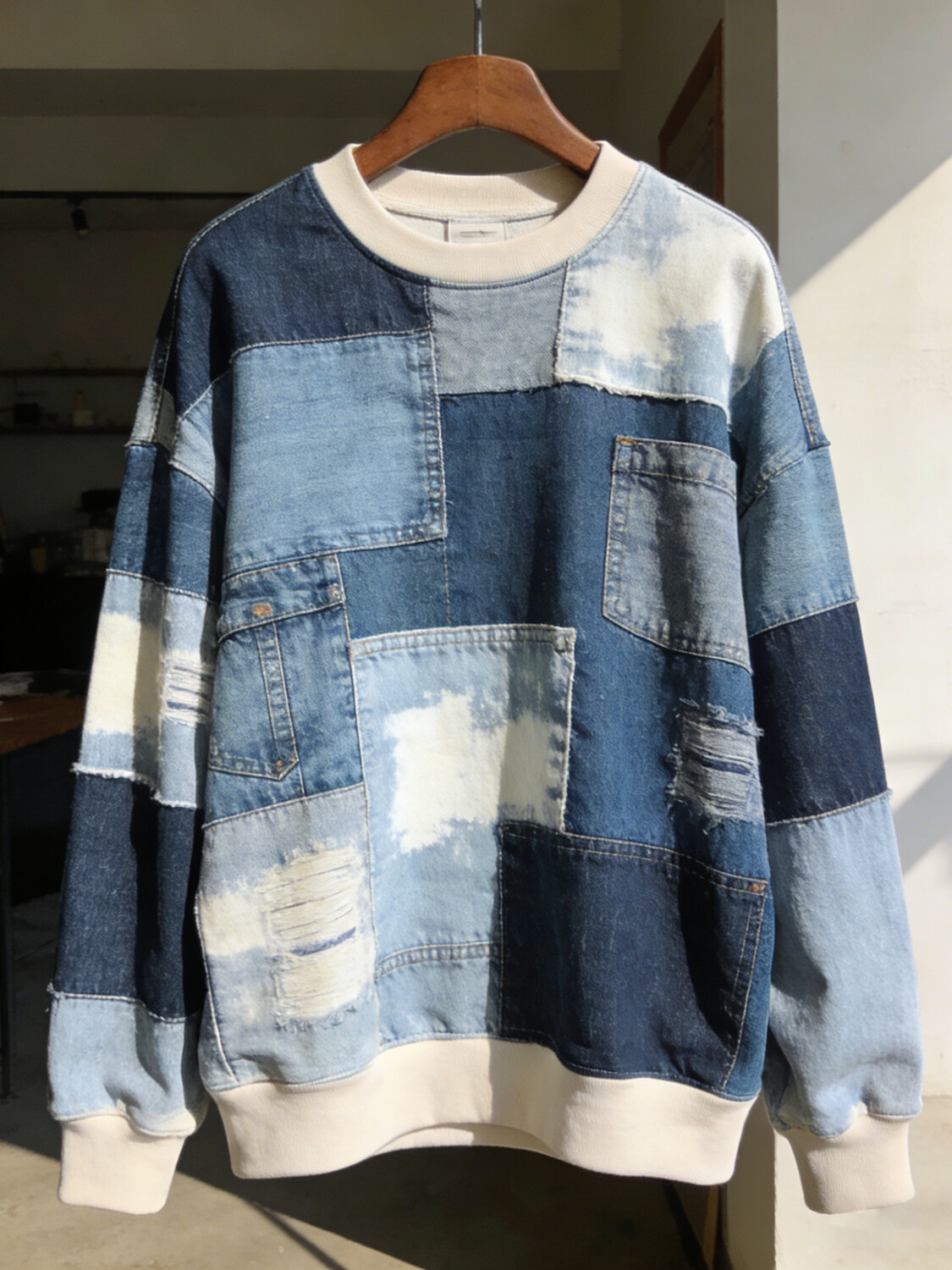 Men's Distressed Denim Patchwork Art Print Long Sleeve T-Shirt