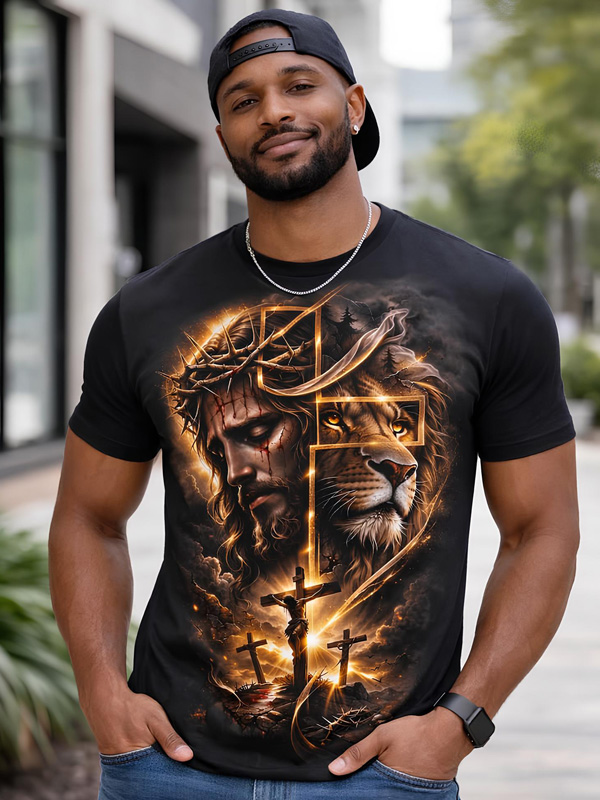 Men's Crucifix Jesus and Lion Print Casual T-Shirt