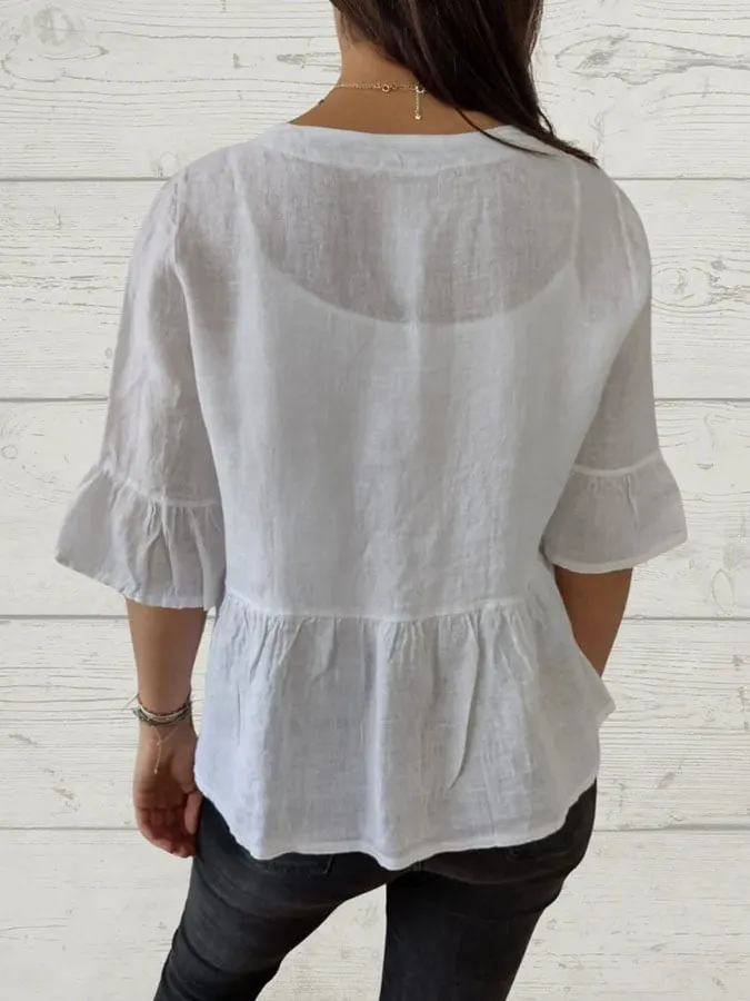 Women's Casual Solid Color Bow Tie Mid Sleeve Shirt