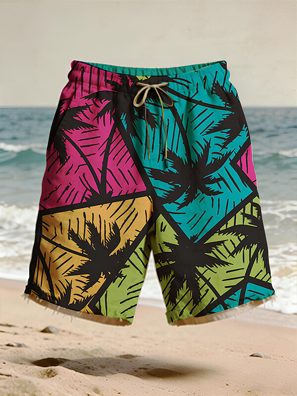 Men's Retro Color Block Palm Tree Print Beach Shorts