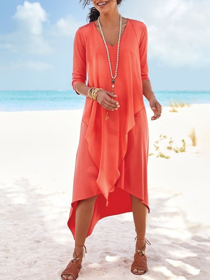 Women'S Casual Solid Color V-Neck Long Sleeve Splicing Dress