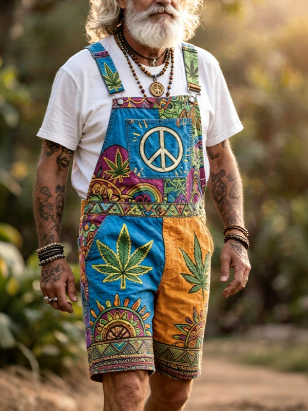 Men's Peace Symbol And Hippie Leaves Print Shorts Overalls