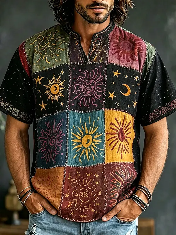 Men's Hippie Boho Sun Coorblock Art Print Casual Notch Neck T-Shirt