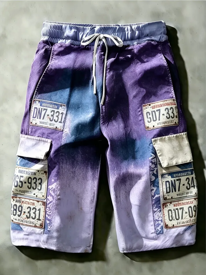 Men's Vintage Car Tag Gradient Print Drawstring Cargo Shorts