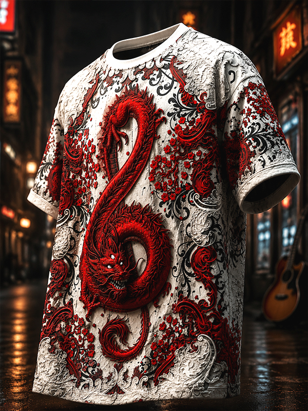 Men's 3D Red Dragon Music Note Graphic Print T-Shirt
