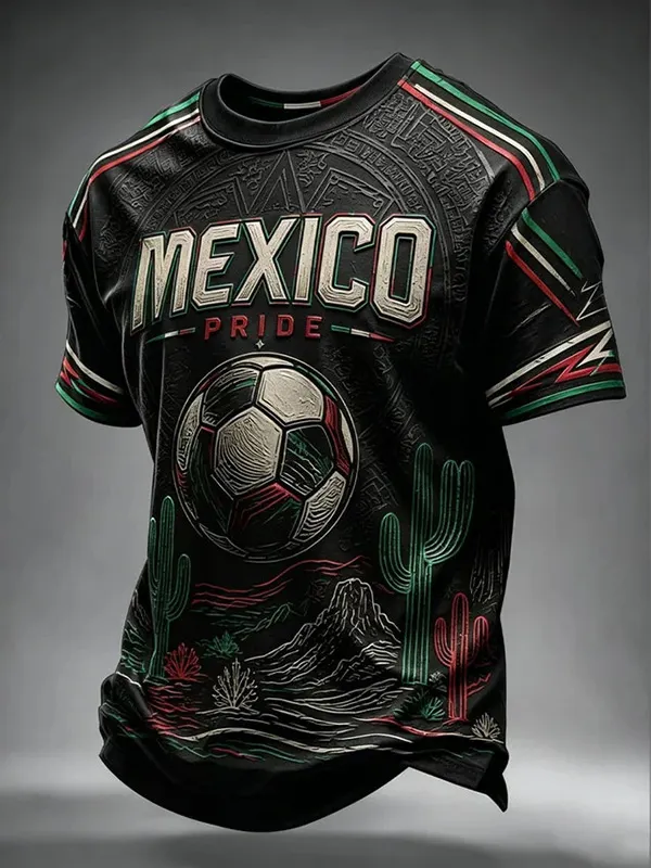 Men's Mexico Pride Vintage Grunge Cactus Soccer Print T-Shirt