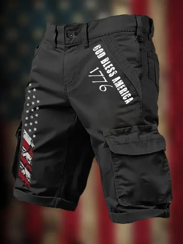 Men's 1776 God Bless America Independence Day Flag Print Denim-Like Cargo Shorts