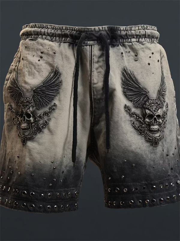 Men's Skull Wings Studded Gradient Print Casual Shorts