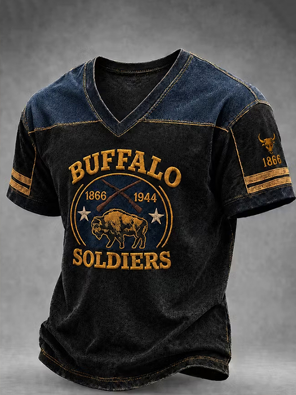 Men's Retro Bull Buffalo Soldiers Print Casual V Neck T-Shirt