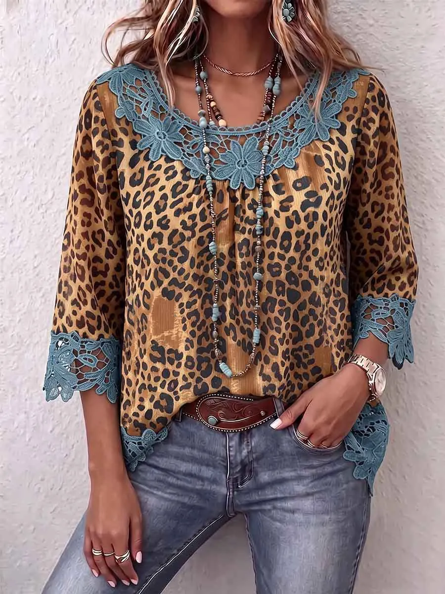 Women's Leopard Print Crew Neck 3/4 Sleeve Casual Loose Lace Patchwork Top