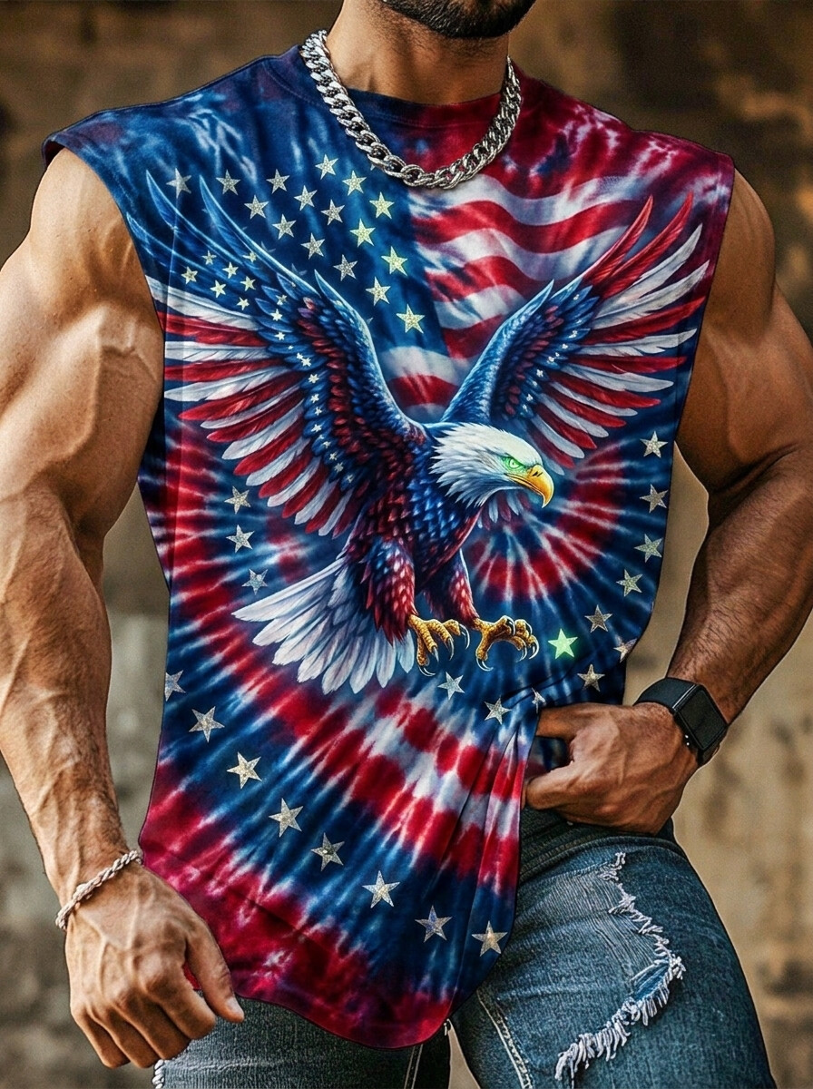 Men's Tie Dye American Flag Star Bald Eagle Print Tank Top