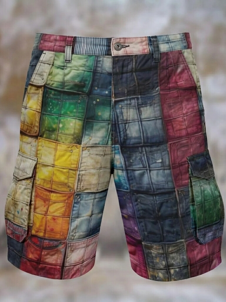 Men's Rainbow Plaid Print Summer Beach Festival Shorts