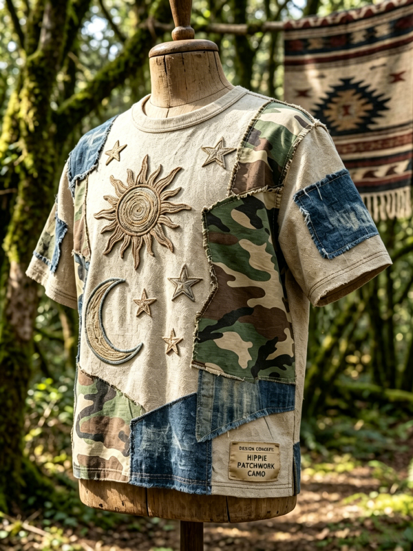 Men's Vintage Sun Moon Camo Patchwork Art Print T-Shirt